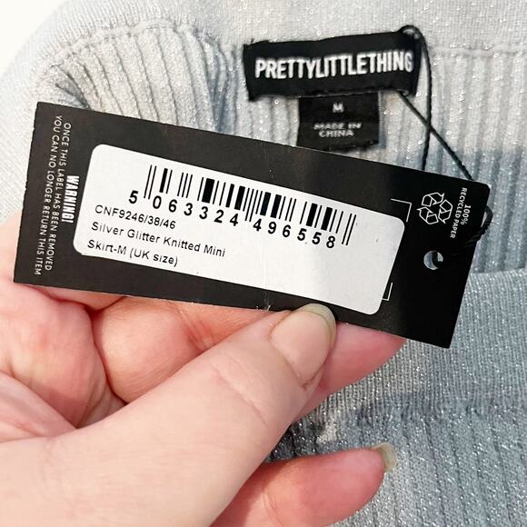 PrettyLittleThing Silver Glitter Knit Open Back Top and Mini Skirt Set S / M - Picture 3 of 12